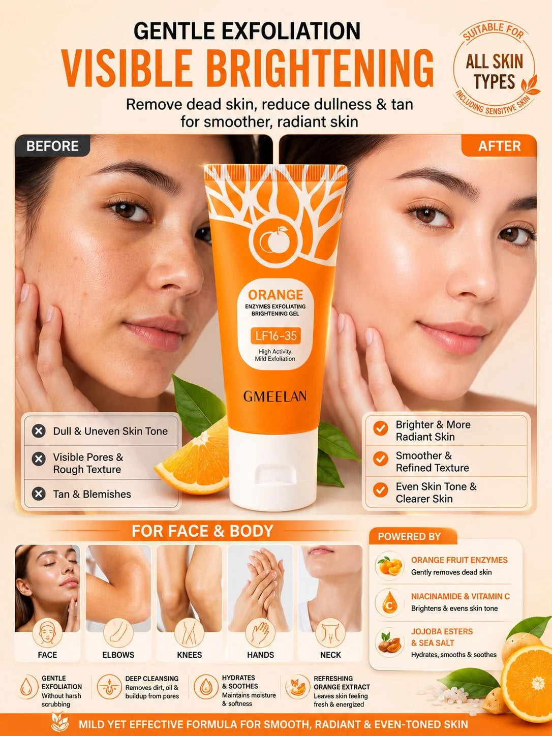 BUY 1 GET 1 FREE – Orange Enzymes Exfoliating Brightening Gel LF16-35 | Natural Face Scrub